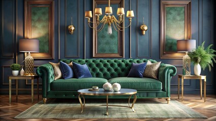 Naklejka premium Rich emerald and navy blue hues evoke serenity and opulence, while plush velvet textures blend with crisp linen accents in an expertly balanced composition of understated luxury.