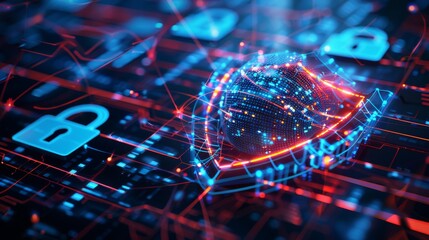 a shield made of digital code, protecting a sphere filled with data streams and symbols of cloud computing