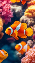Colorful clownfish swimming among vibrant coral reefs, showcasing the beauty of marine life in a stunning underwater ecosystem.
