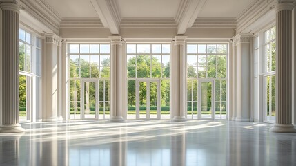 Fototapeta premium empty modern hall room with columns doors and panoramic windows : Generative AI