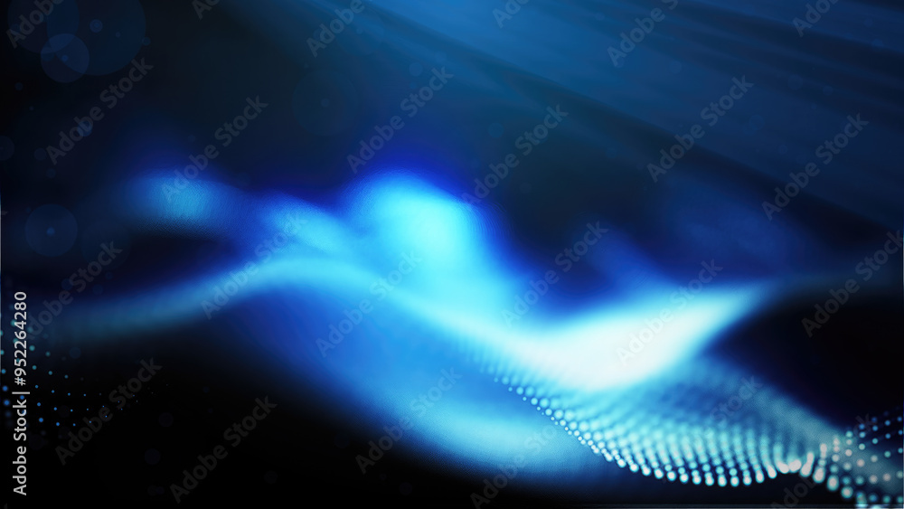 Poster a mesmerizing display of blue glowing particle waves, representing abstract energy flows against a d