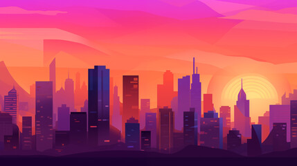 Obraz premium Vibrant Sunset Cityscape with Tall Skyscrapers