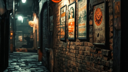 Fototapeta premium Vintage Halloween Posters on Brick Wall in Dim Alleyway, Spooky Vibes 