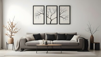 A minimalist living room with a large beige sofa, and three framed black and white artworks depicting a bare tree branch on the wall.