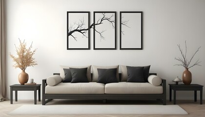 A minimalist living room with a large beige sofa, and three framed black and white artworks depicting a bare tree branch on the wall.