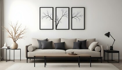 A minimalist living room with a large beige sofa, and three framed black and white artworks depicting a bare tree branch on the wall.