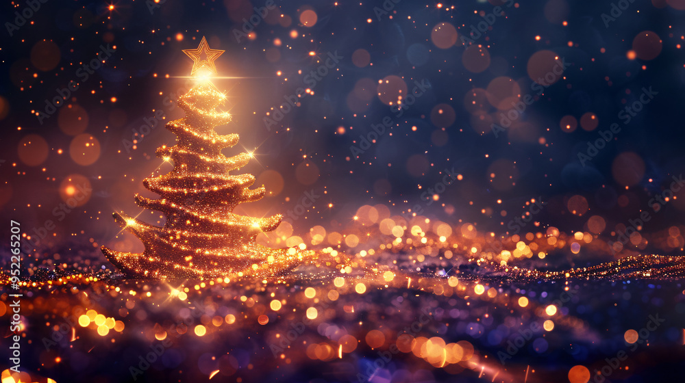 Poster shimmering golden christmas tree stands on a sparkling base with background lights glowing