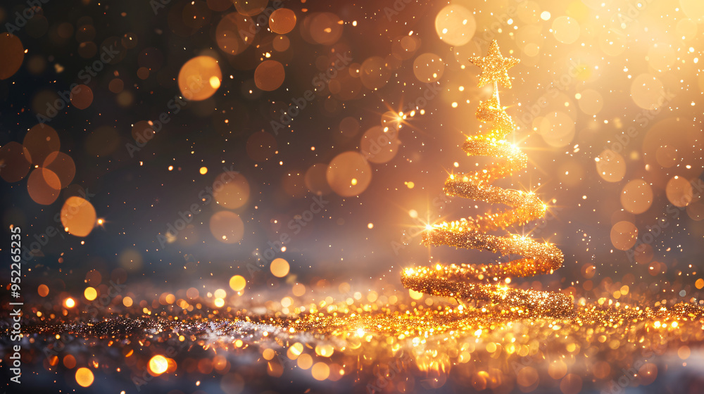 Aufkleber shimmering golden christmas tree stands on a sparkling surface with a backdrop of golden bokeh light