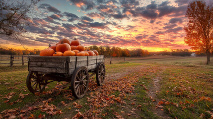 Fototapeta premium Pumpkin-Filled Wagon in Rustic Farm Setting, Halloween Twilight 