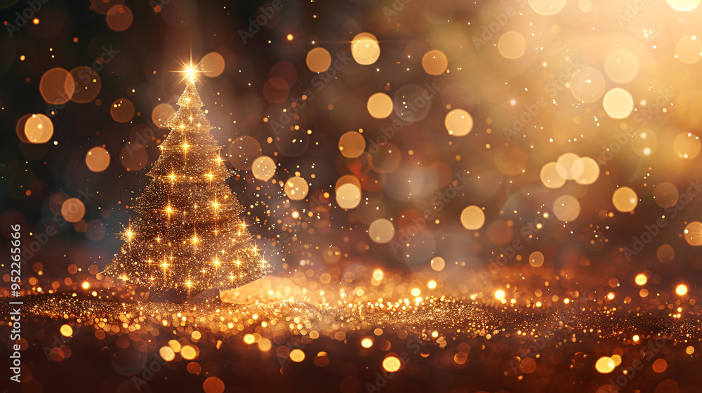 Poster elegant gold christmas tree displayed on a glistening backdrop with a festive bokeh effect