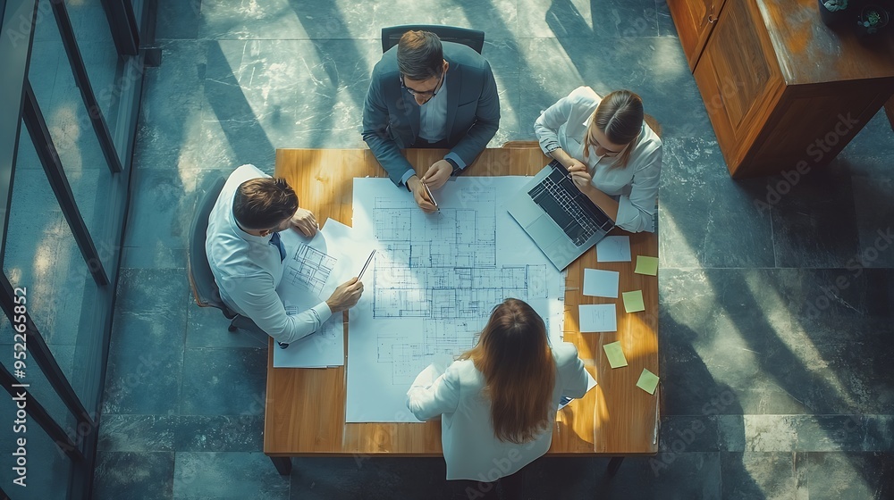 Fototapete Top view of civil engineer team holding blueprint and standing at table with laptop project plan and blueprint Aerial view of skilled project manager planning and writing on sticky not : Generative AI