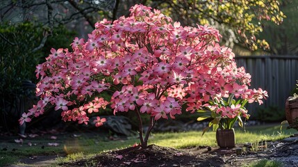 A gorgeous dogwood shrub glowing in the sun, with pink blossoms