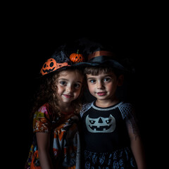Duas crian&ccedil;as fantasiadas de bruxa para o Halloween, em um fundo escuro