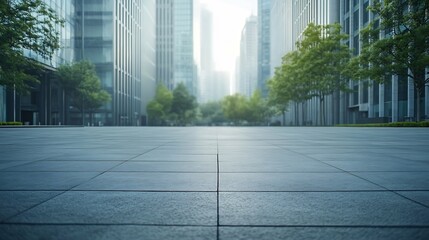 Fototapeta premium empty concrete floor in front of modern buildings in the downtown street copy space for parking lot : Generative AI