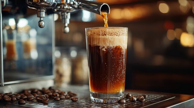Pouring Frothy Nitro Cold Brew Coffee in Glass.