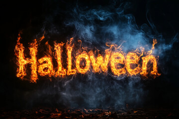 A palavra "Halloween" escrita em fogo vibrante, e fumaça em fundo escuros