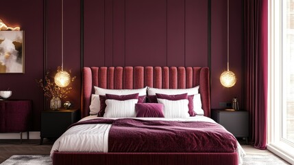 Luxurious wallpaper with a velvet texture and deep, rich colors, adding an opulent feel to a bedroom or lounge.