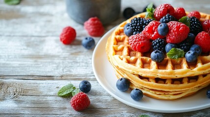 Summer breakfast Homemade baked ricotta pancakes and Belgian waffles with fresh berries on white wooden table : Generative AI