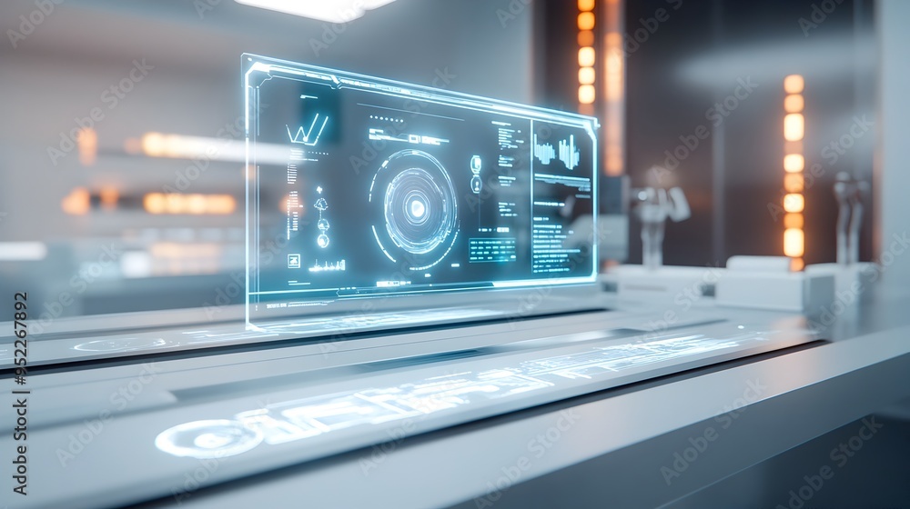 Poster futuristic user interface with holographic display and digital controls
