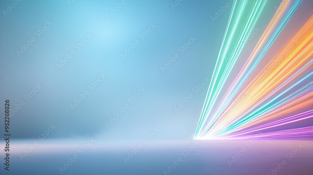 Poster vibrant light beams shining through a misty background, creating an ethereal and colorful ambience p