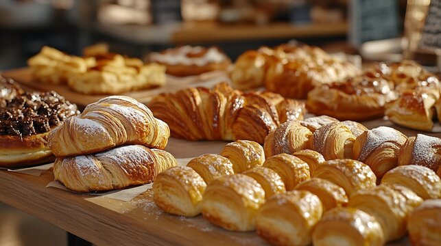 Bakery shop products  various kinds of baguette bagel donut croissant rolls bread puff pastry powdered sugar delicious pies Neutral background Food from bakeries : Generative AI