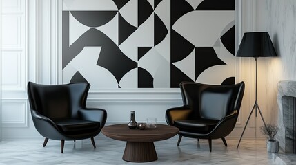 Modern, geometric wallpaper with bold, abstract patterns, perfect for making a statement in a contemporary living room.