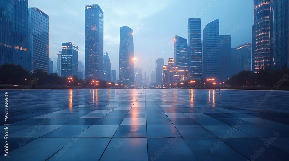 Poster empty square floors and modern city buildings at dusk in shanghai : generative ai