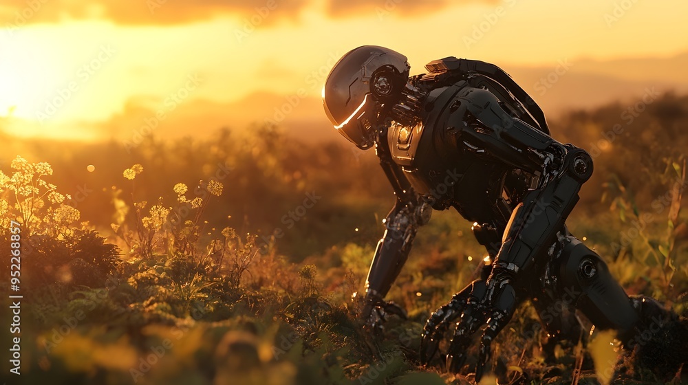 Poster futuristic robot exploring sunset landscape with mechanical exoskeleton