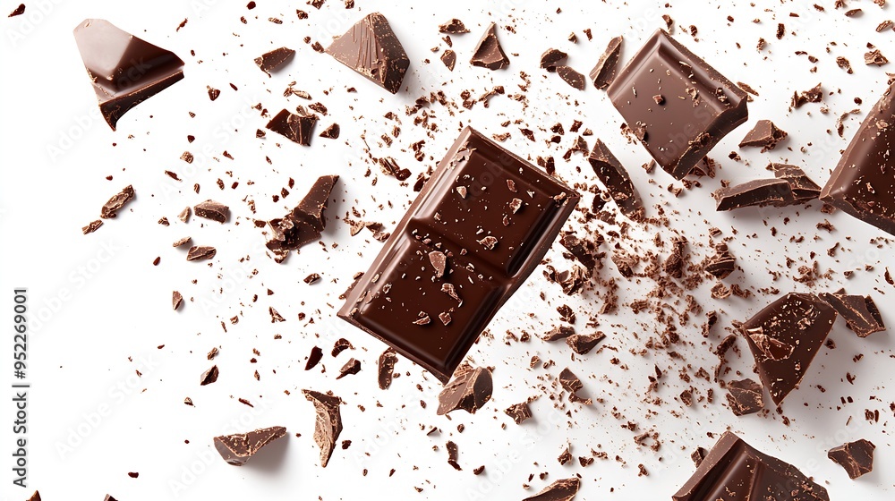 Poster broken chocolate bar pieces falling on isolated white background milk chocolate explosion with cocoa