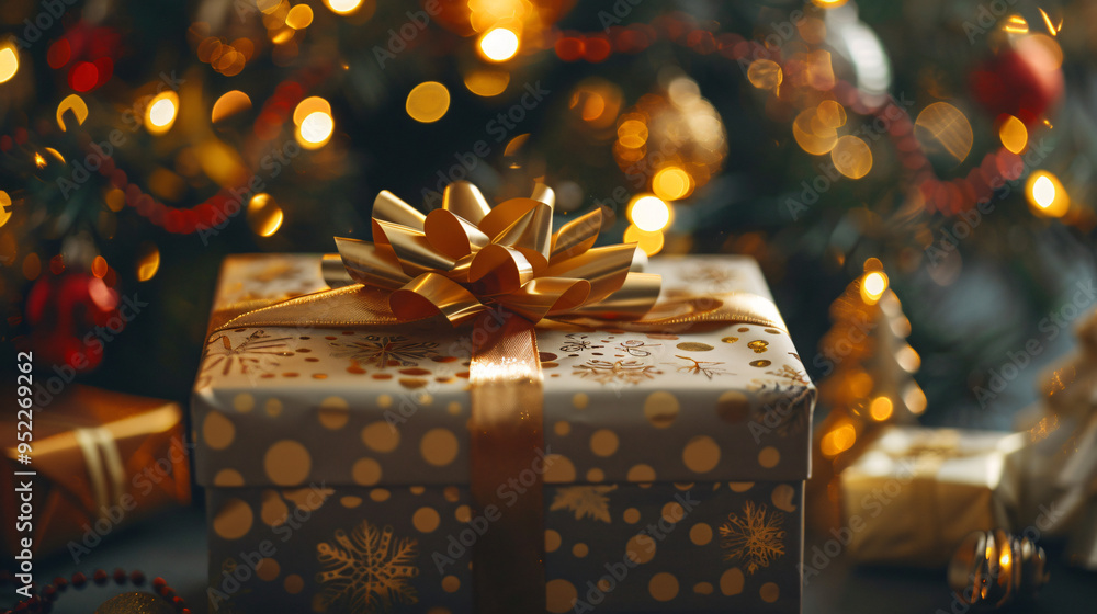 Poster golden ribbon and bow adorned christmas present under a sparkling tree with lights