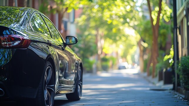 A black car is parked on the side of the road with no visible occupants The surroundings appear to be a quiet urban street : Generative AI