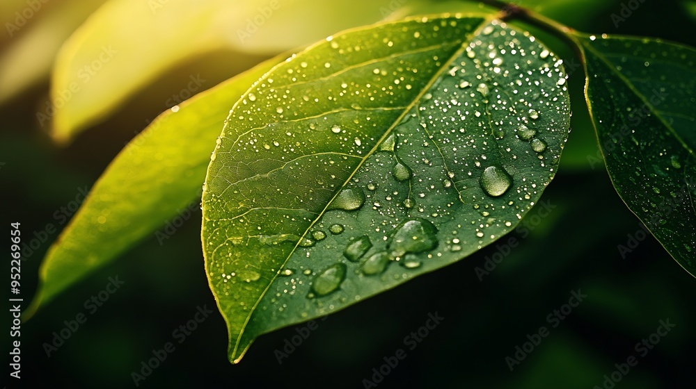 Poster green leaf macro shot with large beautiful drops of transparent rain water or dew with sun rays or g