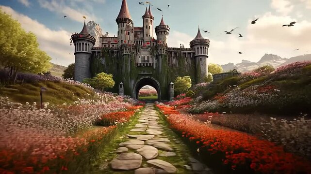 Arriving to a fairytale castle with high turrets and blooming flowers