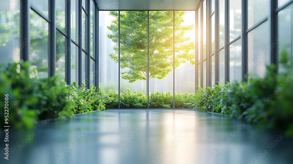 Aufkleber empty corridor in modern office building with green tree outside the window : generative ai