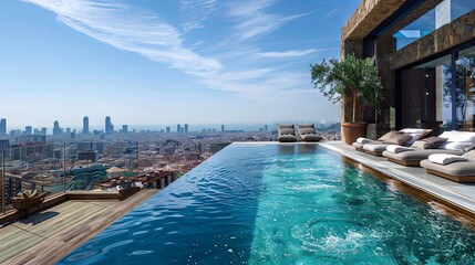 A rooftop pool with breathtaking views of Barcelona's skyscrapers, located in Spain