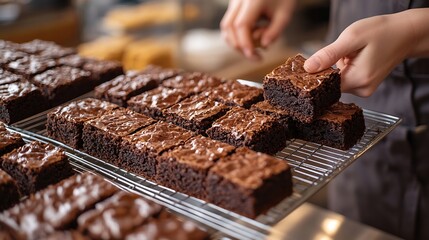 Sales Assistant In Bakery Putting Homemade Label Into Freshly Baked Baked Chocolate Brownies : Generative AI