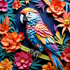 Fototapeta premium Colorful Kirigami Parrot in a Vibrant Floral Setting: A Paper Craft Masterpiece Behold the mesmerizing beauty of a multicolor kirigami-style parrot delicately crafted amidst a backdrop of blooming