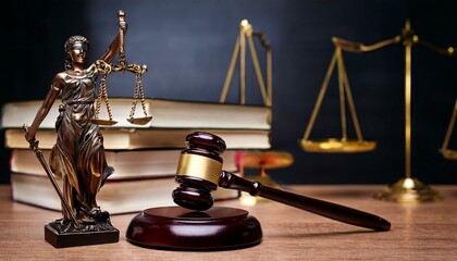 Legal Concept Themis is the goddess of justice and the judge's gavel hammer as a symbol of law and order on the background of books new