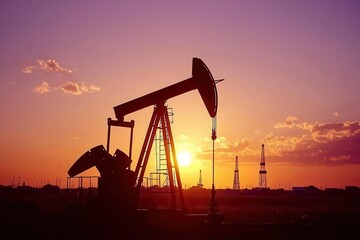Oil Pumpjack Silhouetted Against Vibrant Sunset with Purple and Orange Sky