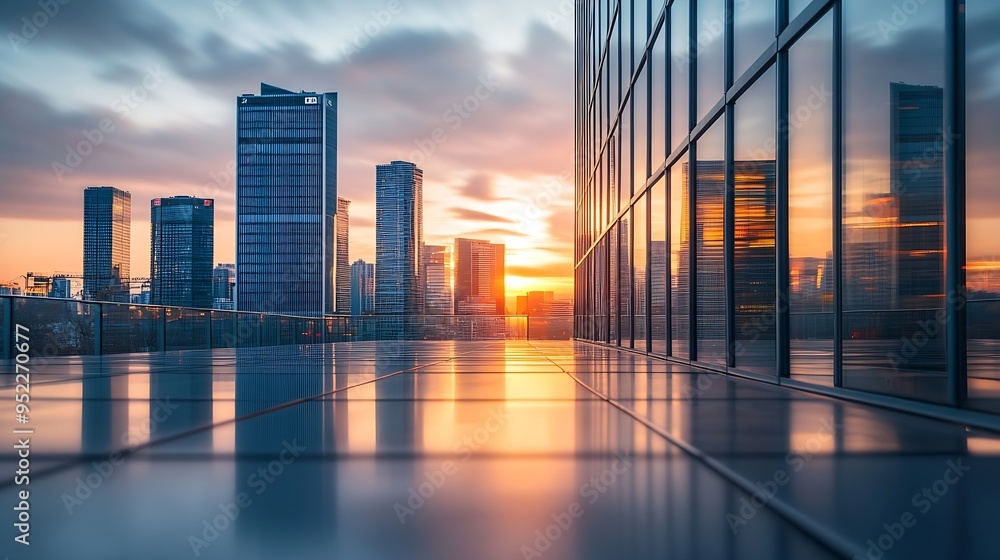 Poster A city skyline with a tall building in the background and a building with a large window on the side : Generative AI