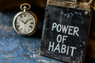 Fototapeta premium Vintage Pocket Watch with Chalkboard Sign on Rustic Blue Surface