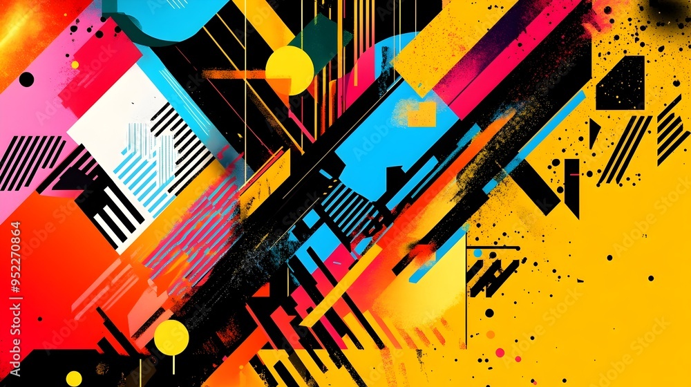 Poster vibrant abstract expressionist composition with dynamic geometric shapes and fluid paint splatter