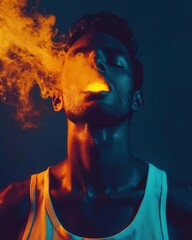 Moody Portrait of Man Exhaling Vivid Orange Smoke in Blue Light