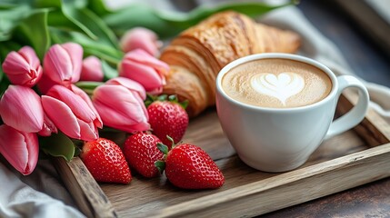 Happy mothers day beautiful breakfast lunch with cup of coffee cappuccino fresh croissants strawberries on tray bouquet of tulips as gift : Generative AI