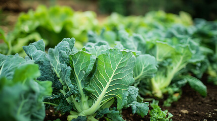 Home garden filled with Collard greens Brassica oleracea var viridis growing organically with a focus on nonGMO practices