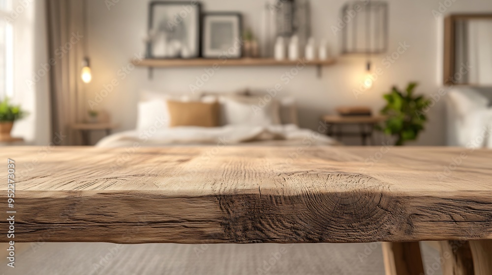 Aufkleber wood tabletop or counter with display product blur bedroom interior background concept for use : gen