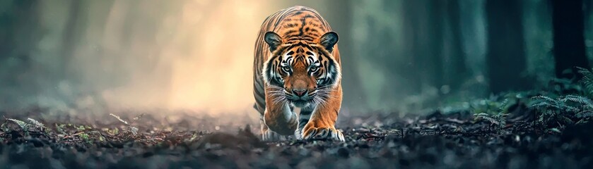 Majestic tiger walking through a misty forest, showcasing its vibrant orange coat and piercing gaze amidst nature's beauty.