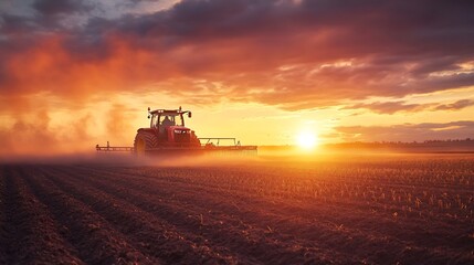 Fototapeta premium a tractor in a field plows the ground at dawn sowing grain sunset sunrise High quality photo : Generative AI