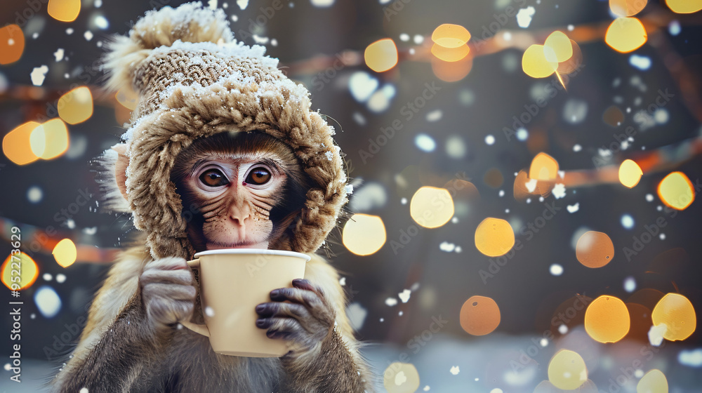Poster monkey in a fuzzy hat sipping a hot drink on a snowy day with twinkling holiday lights in the backdr