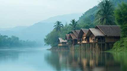 Naklejka premium Traditional bamboo stilt houses on a serene river in Laos. No people, copy space.